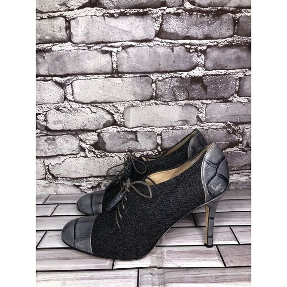 Kate Spade Gray Crocodile Leather Wool Tassel Lace-Up Oxford Heels Women Sz 9.5B - Picture 1 of 16